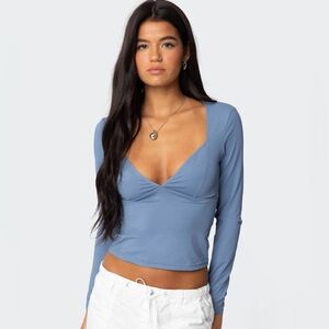 Women's Blue Long Sleeve V Neck Top